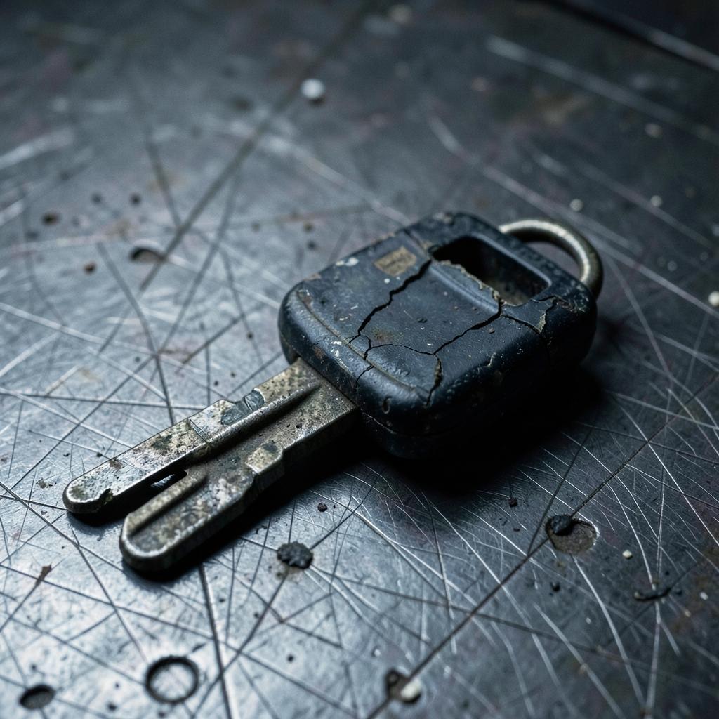 Worn and cracked car key with damaged blade before replacement
