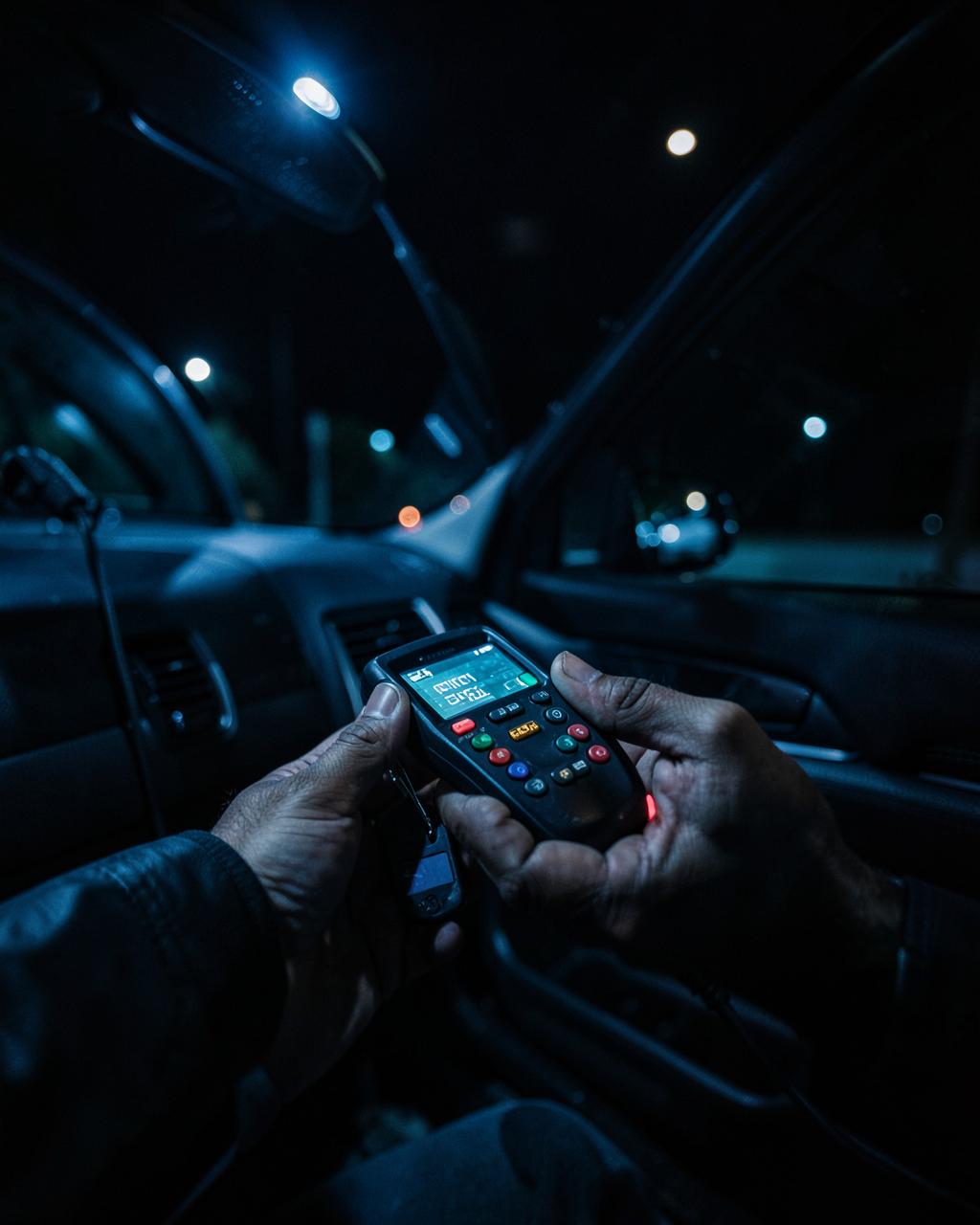 Technician programming a car key with a diagnostic tool inside a vehicle at night