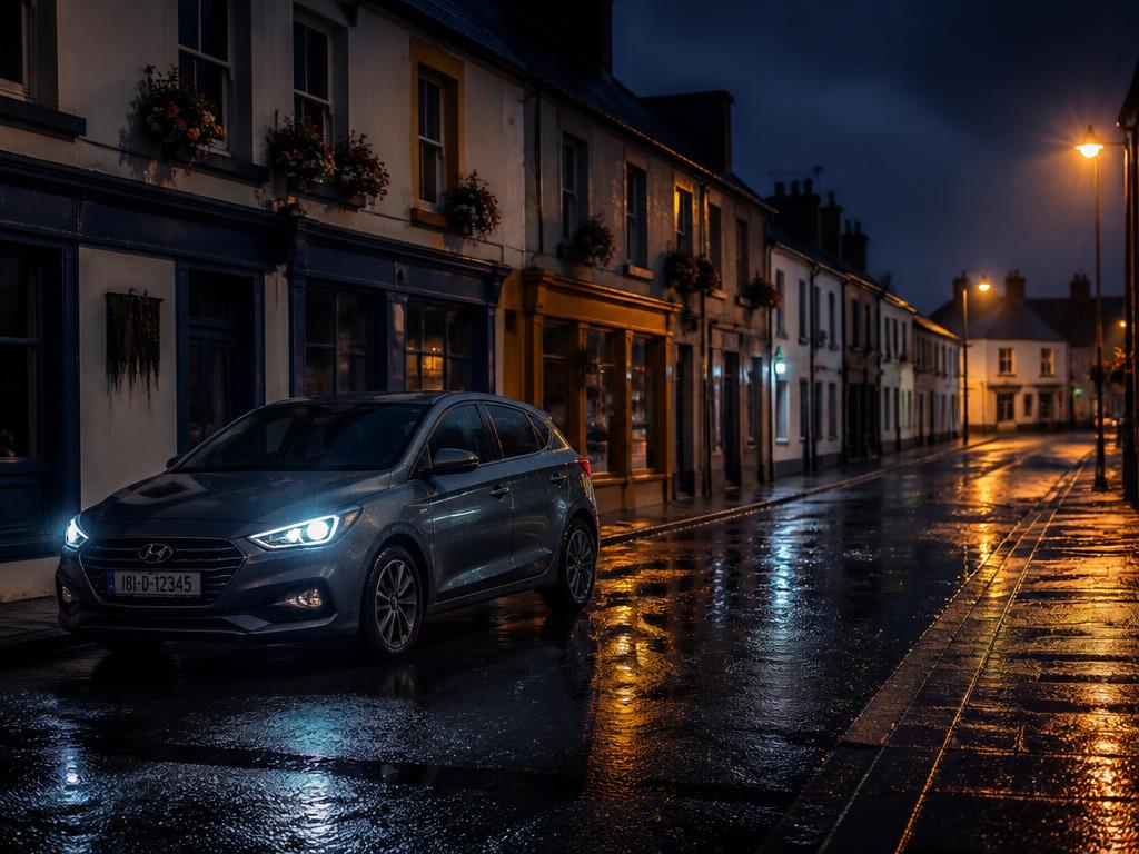 Car parked on a rain-soaked Irish village street at night with an Irish registration plate