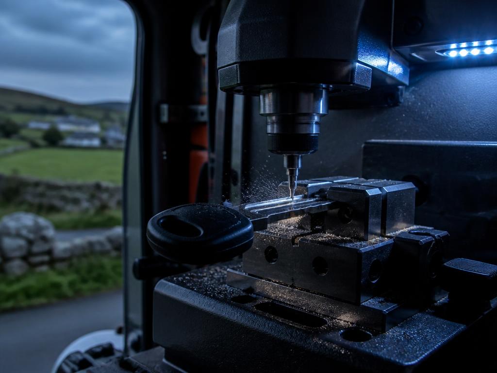 Car key blade being cut on a precision key machine inside a mobile van in the Irish countryside