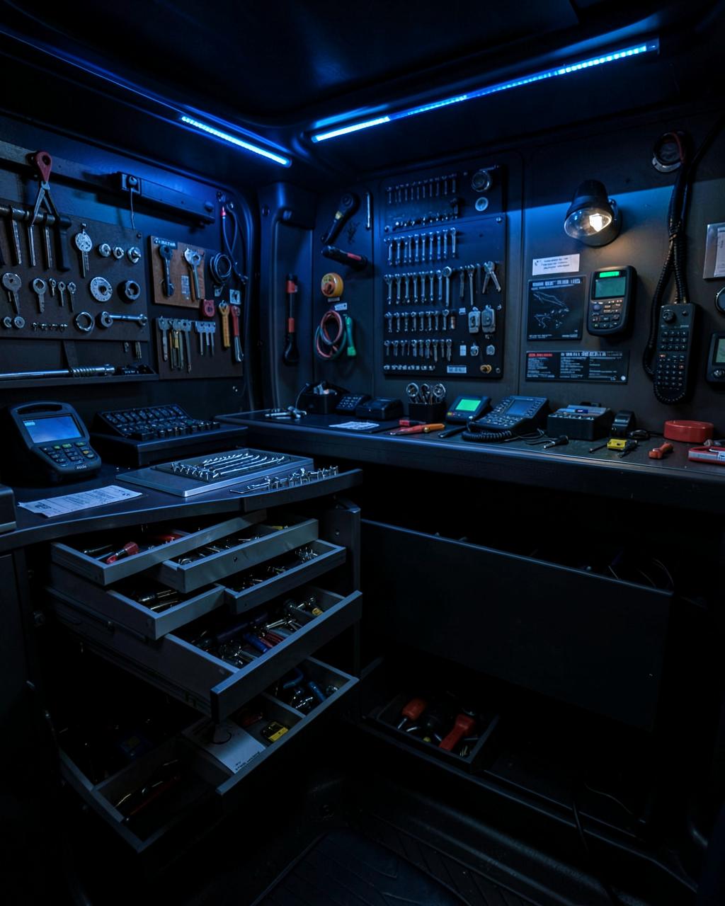 Mobile key service van fitted out with key blanks and programming equipment