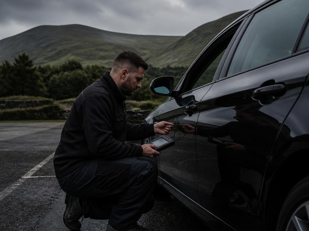 Key specialist programming a car at a roadside car park in the Irish hills