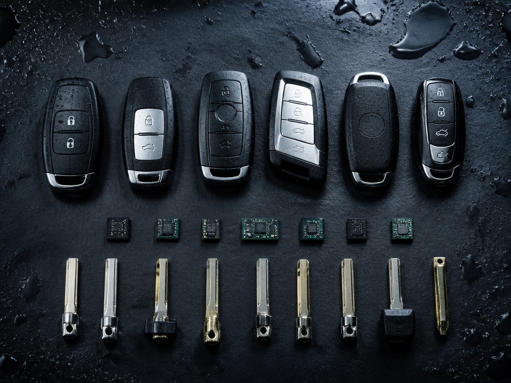 Selection of car key fobs, transponder chips and key blades on wet dark slate