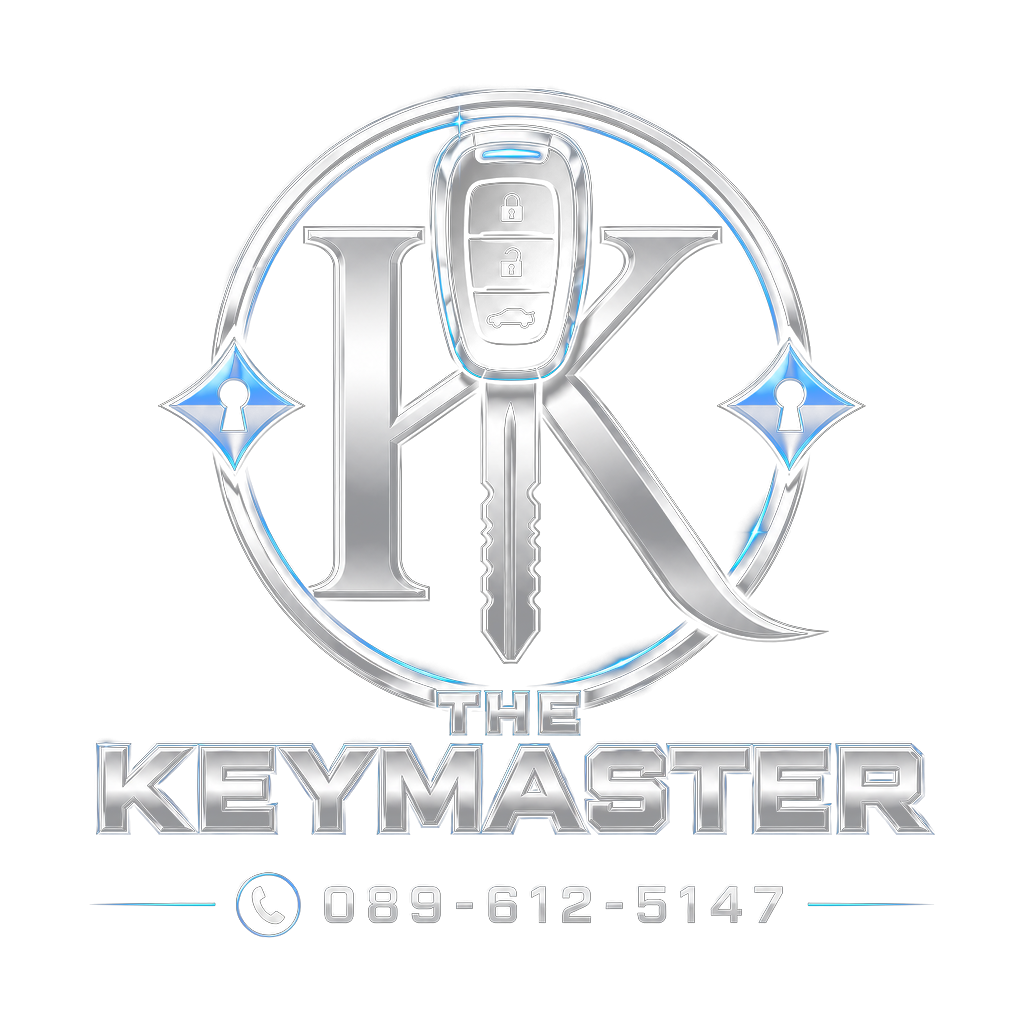 The Key Master logo — a stylised K formed with a car key and key fob, with phone number 089 612 5147