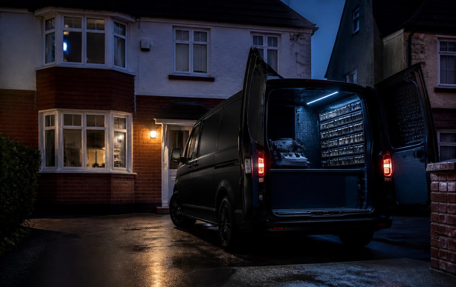 Mobile car key service van beside a car on an Irish suburban driveway at dusk