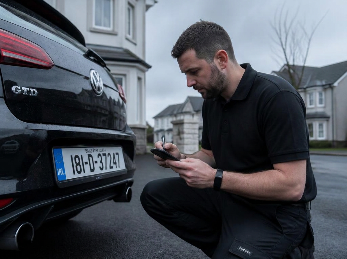 Car key specialist checking an Irish registration plate on a black hatchback outside a house in Dublin