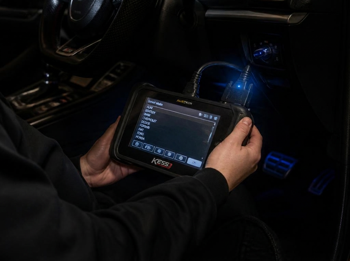 Technician using a diagnostic key programming tablet plugged into a car OBD port at night