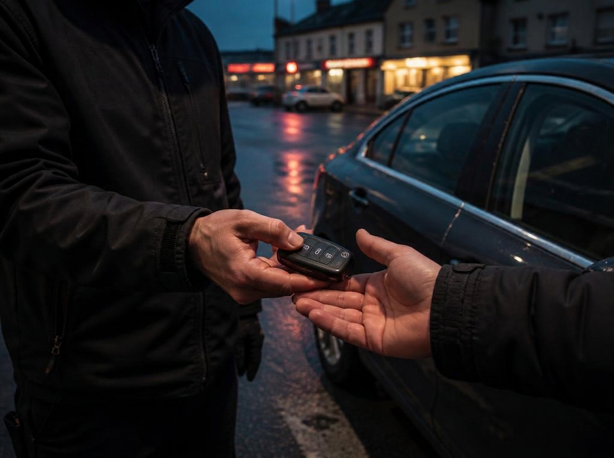 Newly programmed car key handed to a customer on a wet Irish town street at dusk