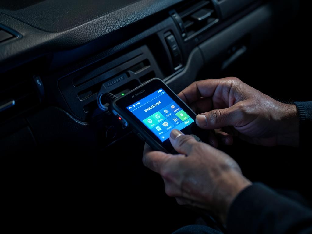 Diagnostic programming tool connected to a car OBD port