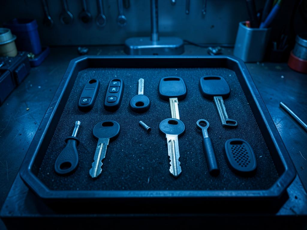Replacement car key cases, shells and components on a tray