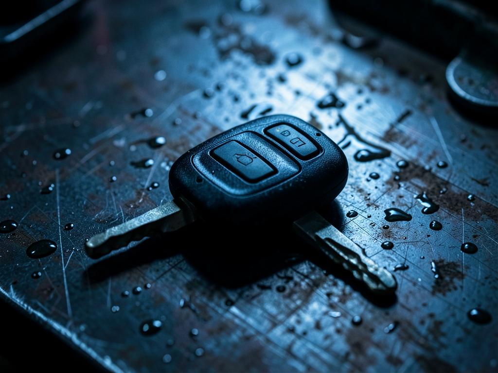 Black remote control car key with buttons on workshop steel