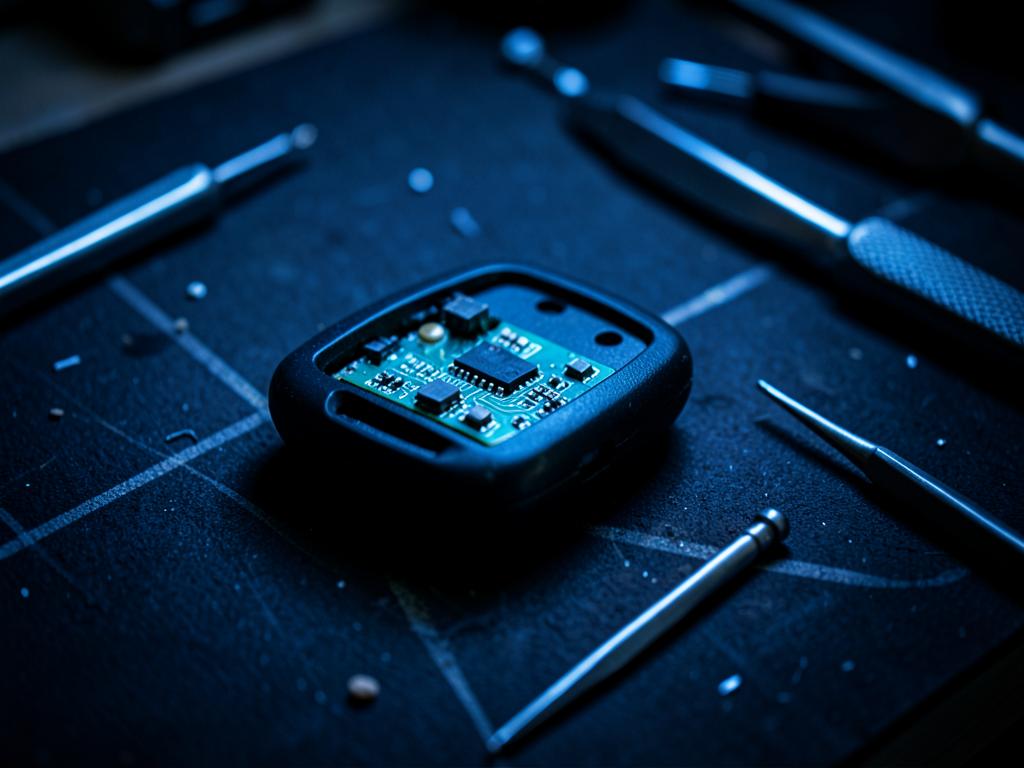 Opened car key fob with circuit board and repair tools